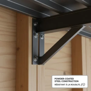 Close-up illustration of rust-resistant powder-coated steel brackets on heavy duty garage wall shelving units.