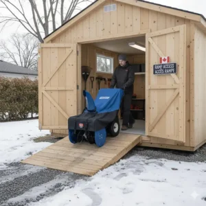 Illustration of a wooden ramp leading to a storage shed for easy snow blower access in snowy Canadian climates.