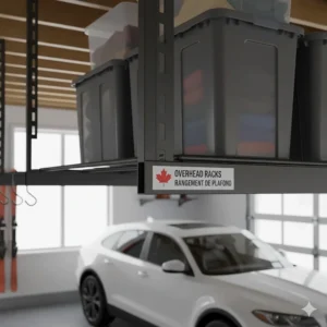 High-capacity overhead garage storage racks (rangement de plafond) featuring a durable powder-coated steel finish.