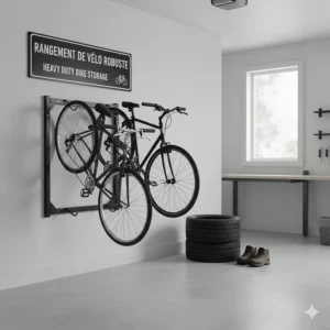 Bilingual illustration featuring a heavy duty bike storage rack with "Rangement de vélo robuste" text for the Quebec market.