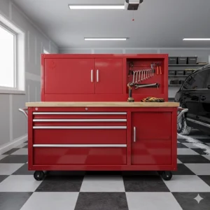 Red rolling garage tool cabinet with locking casters and side handles for easy mobility in a home workshop.