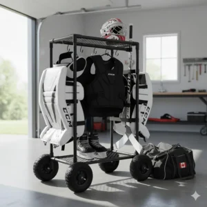 Mobile goalie equipment storage solutions on wheels for easy transport between the garage and the driveway.