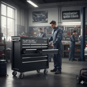 A versatile rolling tool chest (coffre à outils mobile) being used in a bilingual Quebec-based professional shop.