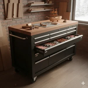 Rolling tool chest featuring a solid hardwood work surface for assembly projects in a Canadian hobbyist woodshop.