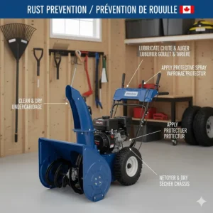 Diagram highlighting key areas for rust prevention on a snow blower during humid Canadian spring storage.