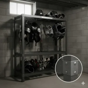 Durable, rust-resistant steel hockey equipment storage rack built to withstand Canadian winter humidity and salt.