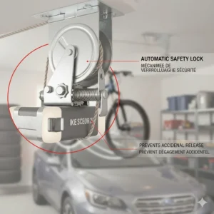 Close-up of the automatic safety locking mechanism on a ceiling bike storage pulley system to prevent accidental release.