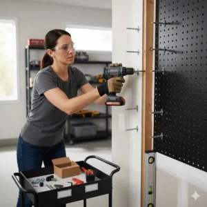 Illustration showing the secure installation of a pegboard system on Canadian garage drywall with proper wall anchors.