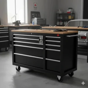A black heavy-duty garage tool cabinet with a central locking system for secure tool storage in a shared workspace.