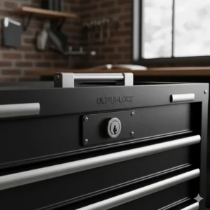 High-security central locking system on a black rolling tool chest for safe equipment storage in Canada.