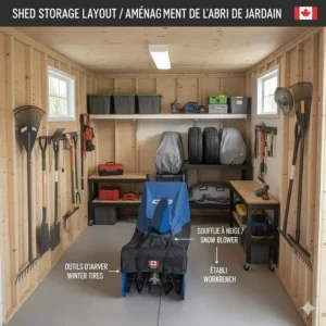 Overhead diagram of an outdoor storage shed layout featuring a snow blower, winter tires, and garden tools.