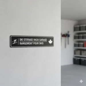 Professional ski storage rack for garage organization, suitable for English and French speaking Canadian homes.