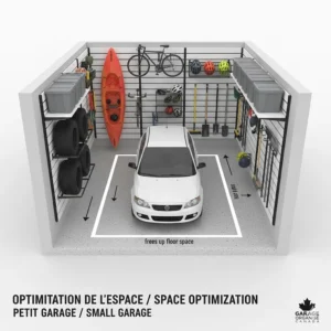3D floor plan illustration showing how a garage wall track system saves floor space in a compact single-car Canadian garage.