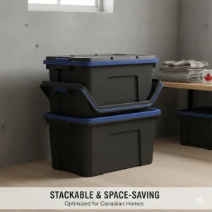Stackable and nesting weatherproof storage bins optimized for space-saving in Canadian homes and basements.