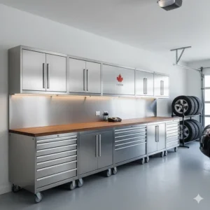 Modular stainless steel garage tool cabinet system with overhead lockers and integrated LED task lighting.