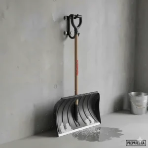 Rust-resistant steel wall hook for hanging heavy metal-blade snow shovels.