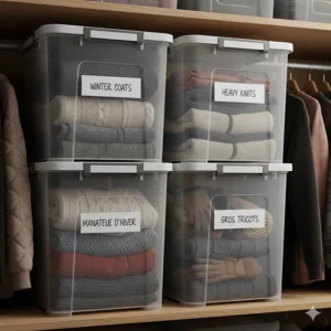 Transparent bins with secure lids storing heavy Canadian winter parkas and wool sweaters on a high closet shelf.