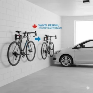 A swivel-style bike wall mount for garage showing how the bike can be folded against the wall to fit beside a parked car.