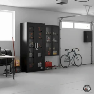 Multi-shelf tall metal storage cabinet garage in matte black finish for organized automotive tool storage.