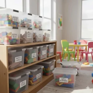 Colorful playroom illustration with clear storage bins with lids allowing easy visibility for children’s toys and building blocks.