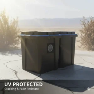 Illustration of UV-resistant weatherproof storage bins designed to prevent fading and cracking in the sun.