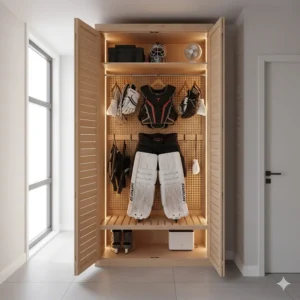 Interior closet renovation showing ventilated goalie equipment storage solutions to manage gear odor.