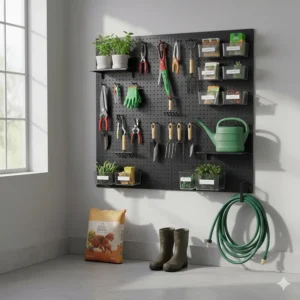 Modular pegboard system in a bright garage used for organizing Canadian gardening shears, trowels, and potting supplies.