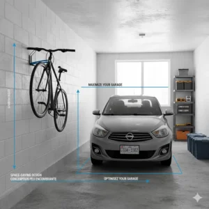 Illustration showing how a vertical bike wall mount for garage saves space in a narrow Toronto-style parking area.