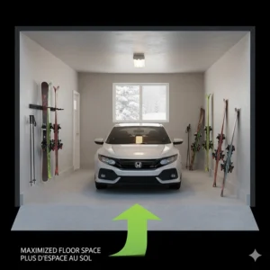 Illustration of a space-saving vertical ski storage rack in a garage to maximize floor area for Canadian homeowners.
