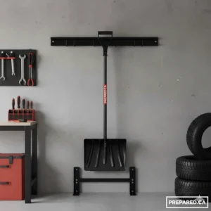 Space-saving vertical snow shovel holder wall mount designed for small detached garages in Canada.