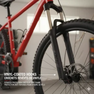 Detailed illustration of vinyl-coated hooks on a ceiling bike storage pulley system designed to protect bicycle handlebars and seats from scratches.