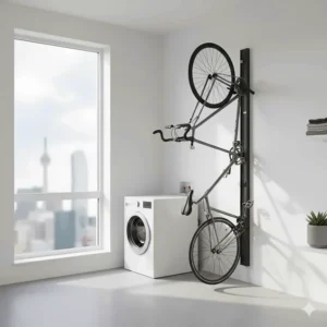 Vertical heavy duty bike storage rack saving space in a modern Toronto condo utility room.