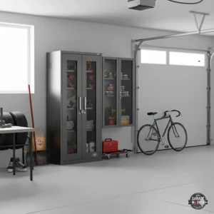 Space-saving wall-mounted metal storage cabinet garage units to maximize floor space in small workshops.