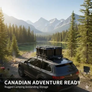 Weatherproof storage bins secured to a vehicle roof rack for a Canadian camping and road trip adventure.