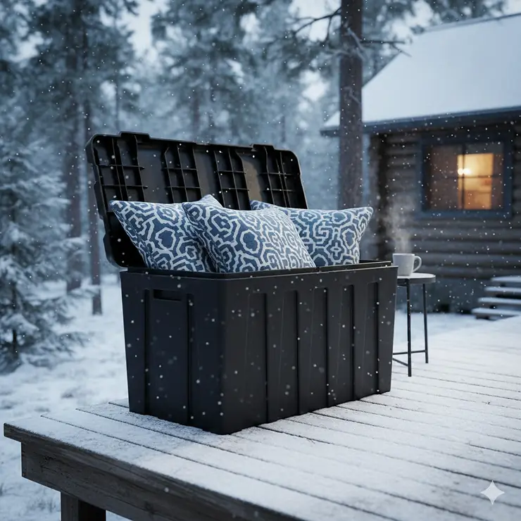 A durable black weatherproof storage bin protecting patio cushions from snow on an outdoor Canadian deck.