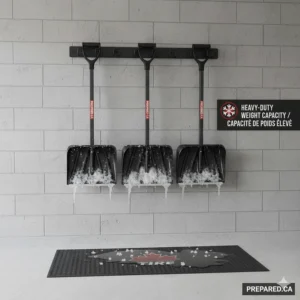 Illustration showing the high weight capacity of a snow shovel holder wall mount for heavy-duty winter equipment.