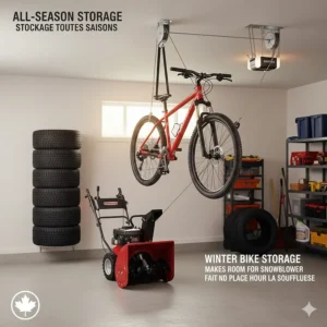 Illustration showing a road bike being hoisted for winter storage in a Toronto garage to make room for a snowblower.