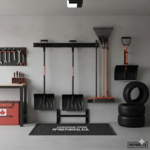 Organized Canadian garage interior featuring wall-mounted snow shovels and winter gear.