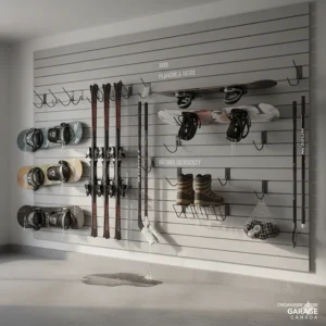 Illustration of a garage wall track system holding skis, snowboards, and ice hockey sticks to keep equipment dry and organized during Canadian winters.