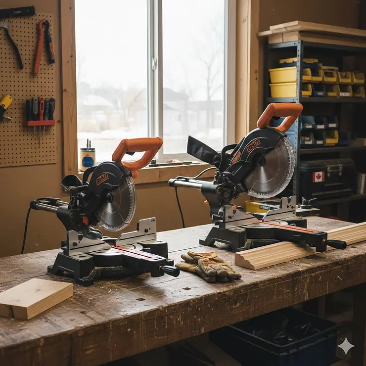 Comparison of 10-inch vs 12-inch miter saws on a wooden workbench in a Canadian workshop, highlighting blade size differences. 10 inch vs 12 inch miter saw