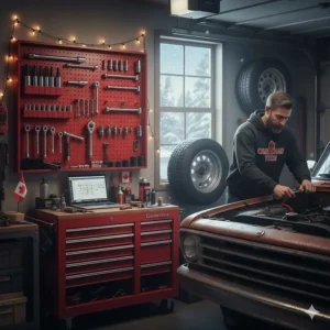 A home garage setup in Ontario featuring a wall-mounted socket set for mechanics and DIY enthusiasts.