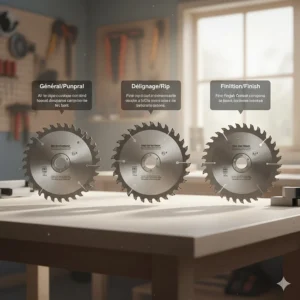 Comparison of 10-inch table saw blades including general-purpose, rip, and fine-finish blades for DIY projects.