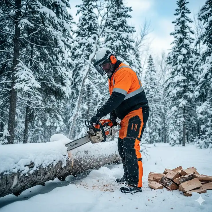 A person using a powerful chainsaw for cutting firewood in a snowy Canadian forest, wearing high-visibility orange safety gear and a protective helmet.