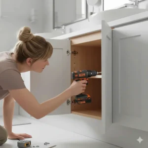 Illustration of a DIYer using a compact drill for tight spaces inside a narrow bathroom vanity cabinet.