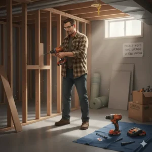 Illustration of a homeowner using a cordless drill combo kit for a DIY basement renovation project.