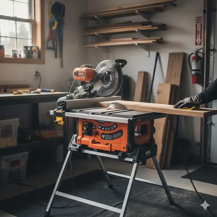 A DIYer using a portable table saw for beginners in a residential Canadian garage workshop, featuring a CSA-certified saw and safety push stick.