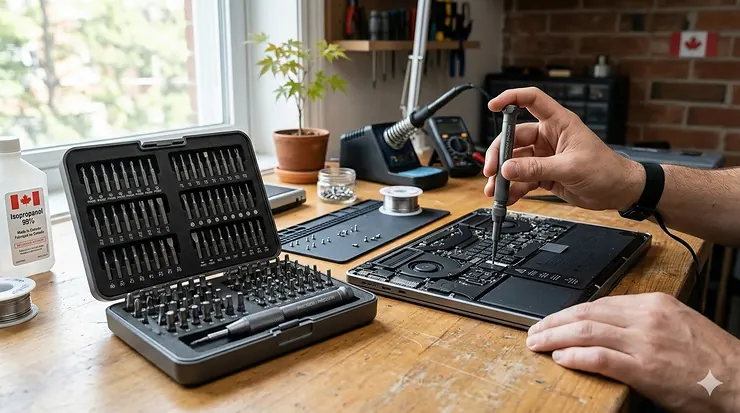 A premium 60-piece screwdriver set for electronics repair laid out on a clean workbench in a Toronto tech repair shop.