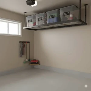 Heavy-duty ceiling-mounted storage racks holding seasonal bins for holiday decor and camping gear in a compact garage.
