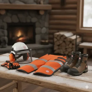 Essential chainsaw safety gear for cutting firewood in Canada, including CSA-approved chaps, protective gloves, steel-toed boots, and a face shield helmet.