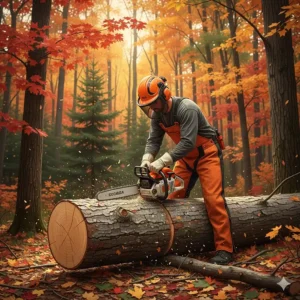 A bilingual English and French Danger / Attention chainsaw safety sign posted in a snowy forest near a stack of firewood logs.